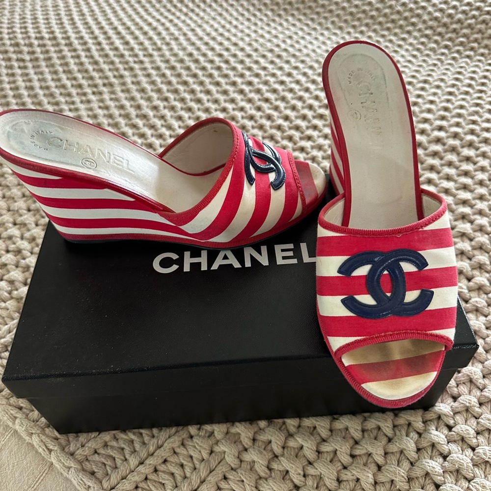 Chanel Red and White Striped Wedge Sandals!  Stunning!